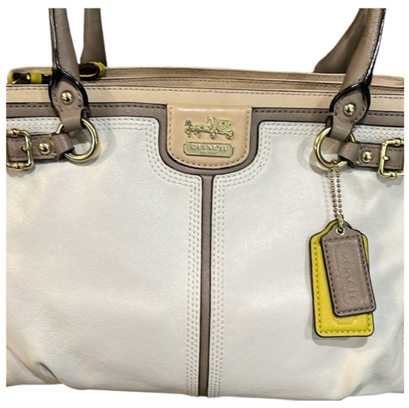 COACH EUC Madison Colorblock Kara Carryall beige/lime Leather Excellent LIKE new - Picture 5 of 11